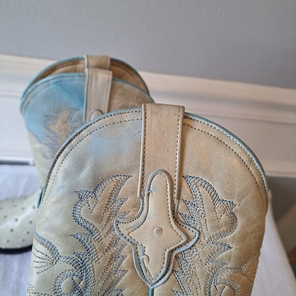 Mens Ostrich Imitation Western Rodeo Leather Boots white and‎ Blue Size 3.5 - Picture 4 of 16